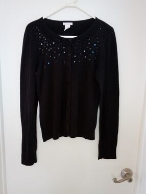 Women's Black Sequin-Accent Button Cardigan